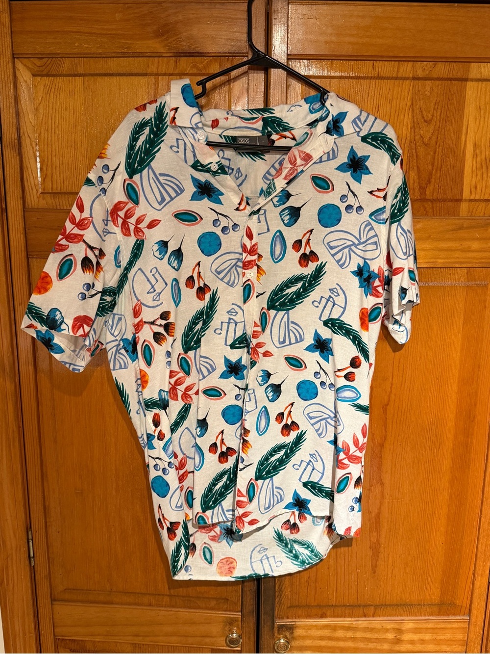 ASOS Men's Short Sleeve Button-Down Shirt - Cream with Blue, Green & Red Print